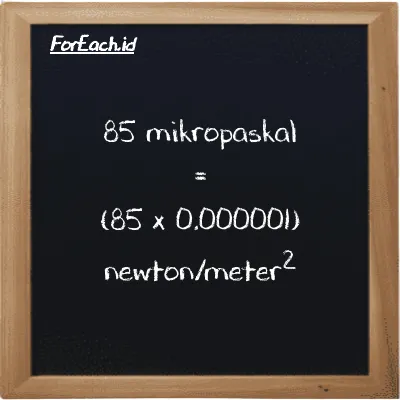 Cara konversi mikropaskal ke newton/meter<sup>2</sup> (µPa ke N/m<sup>2</sup>): 85 mikropaskal (µPa) setara dengan 85 dikalikan dengan 0.000001 newton/meter<sup>2</sup> (N/m<sup>2</sup>)